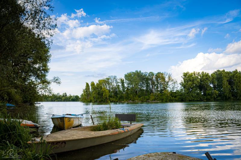 Old boat made of wood floating near a tree on the Isar river in a calm sunny day in Bayern