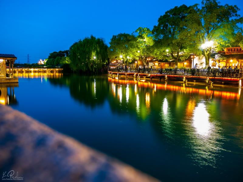 Long exposure photo of the Xischi river taken in Wuzhen at evening during the blue hour