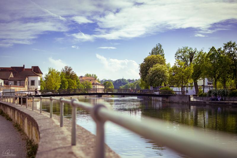 Bank of the Isar river in the old town of Landshut, Bayern