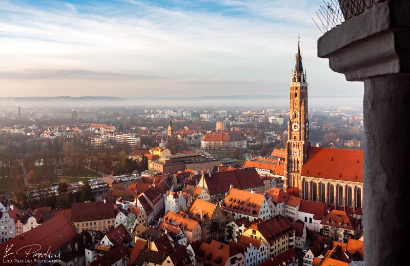 View of the old town of Landshut from above. In the center the bell tower of St. Martin